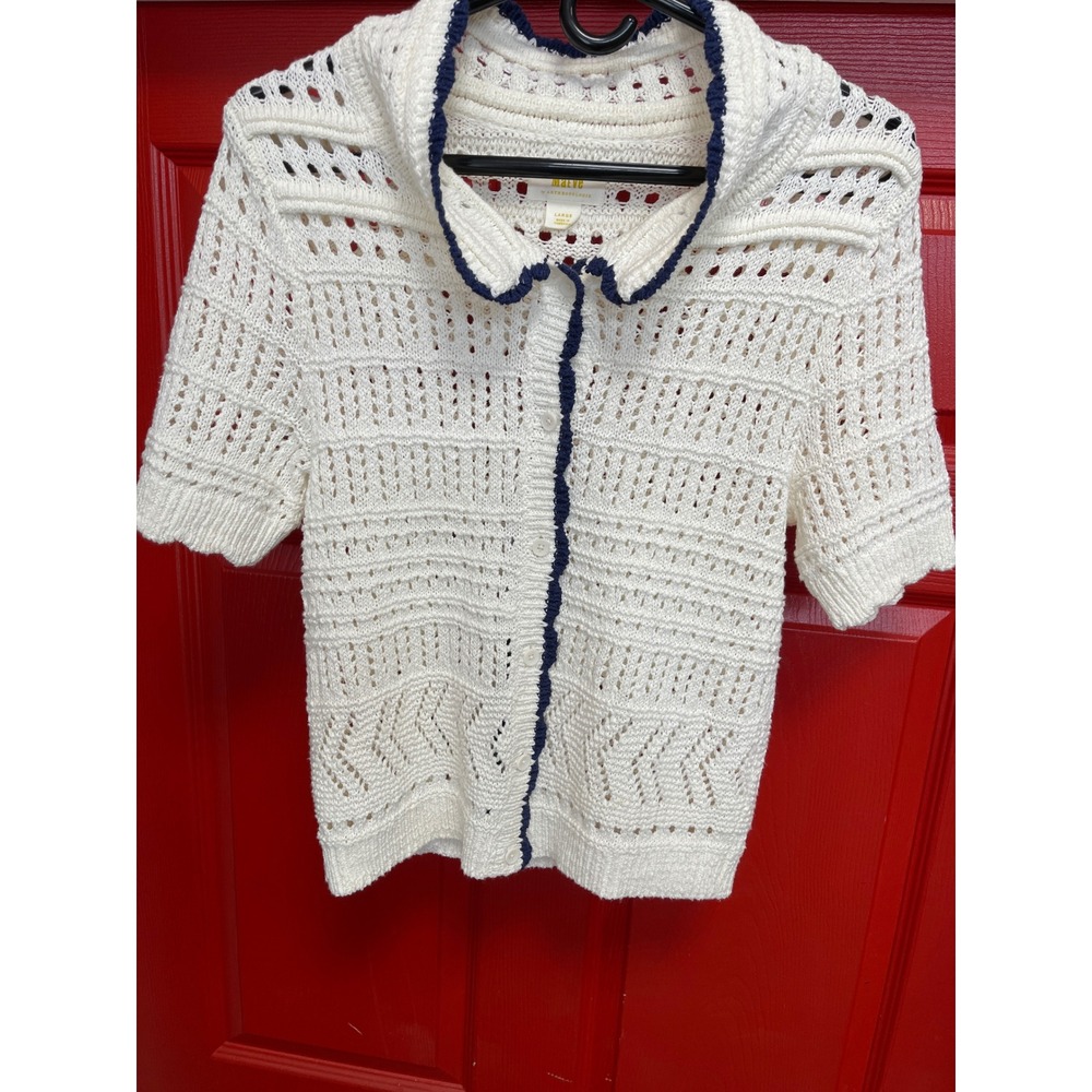 Maeve Anthropologie Ivory Pointelle Knit Short Sleeve Cardigan Navy Trim Large